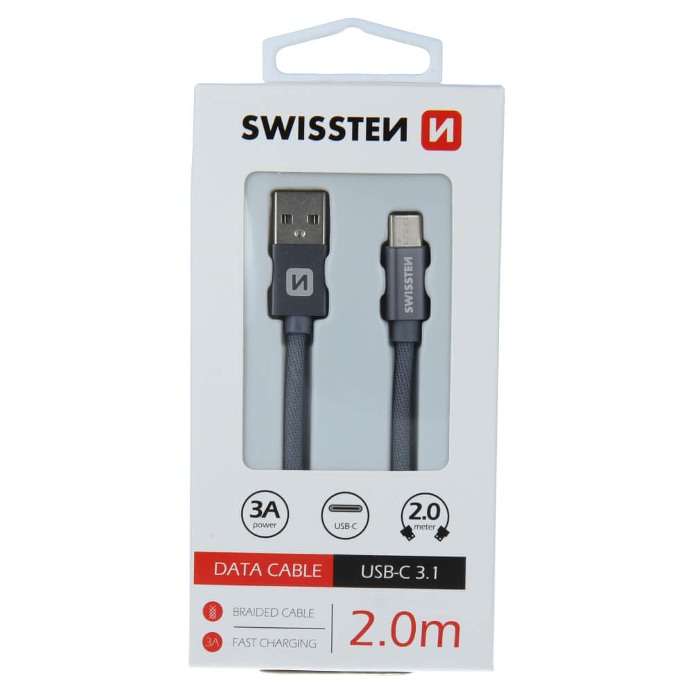 Textilný dátovy kábel Swissten USB / USB-C 2,0 M - šedý